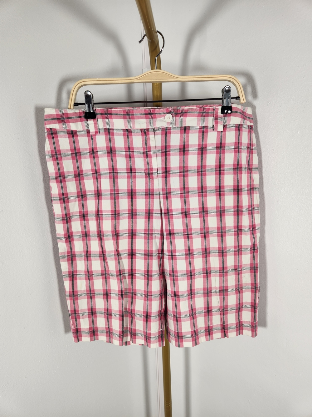 LOFT Pink Plaid Bermuda Shorts with White Accents